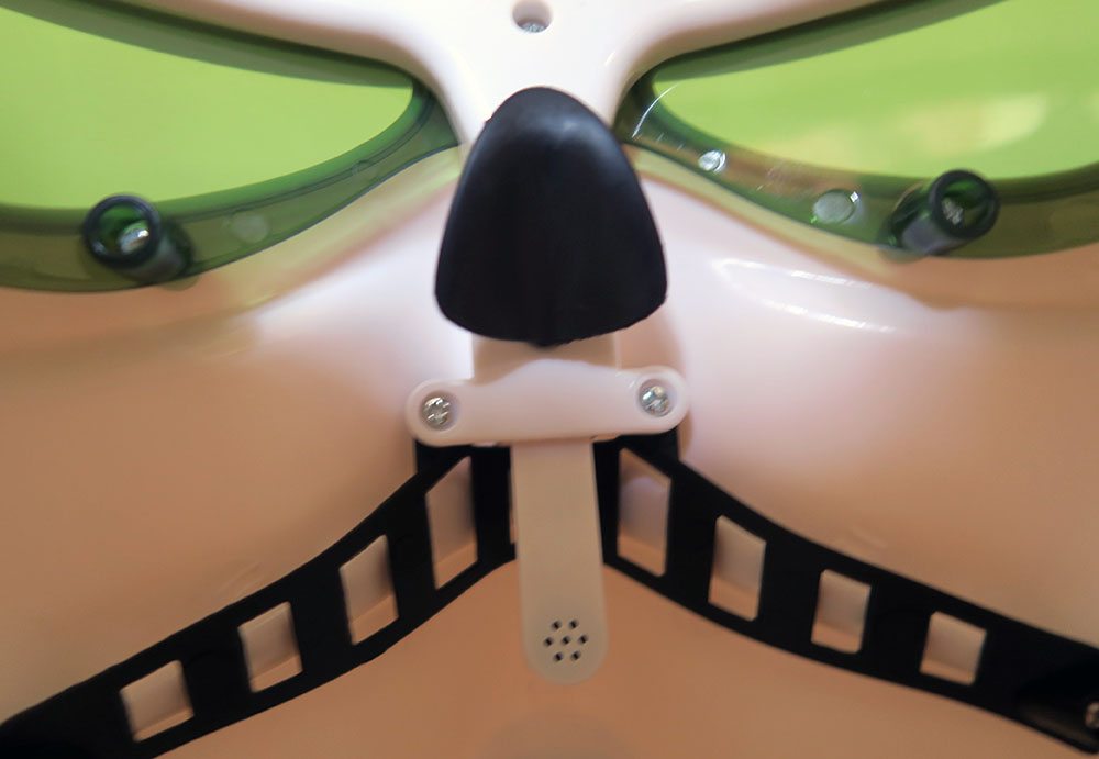 What it looks like peering from the helmet. The microphone is located below the nose bridge.