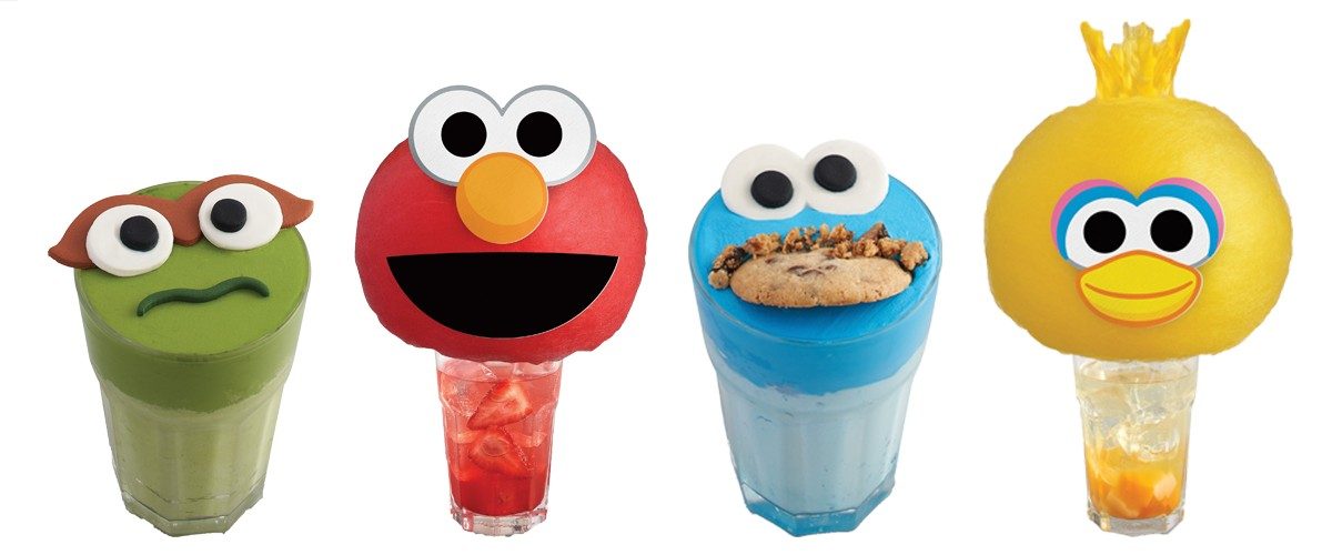 Assortment of Sesame Street-themed drinks