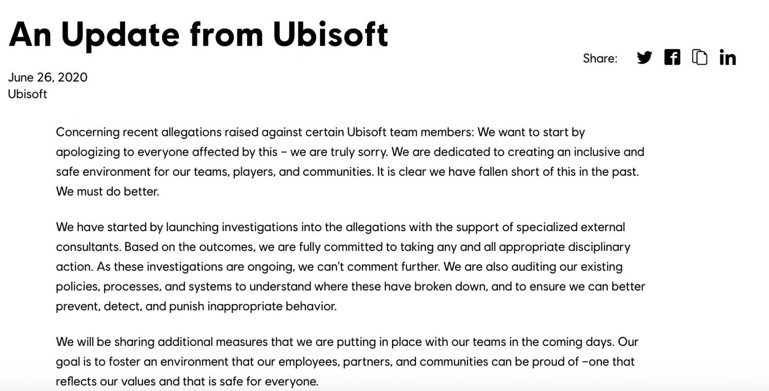Multiple Ubisoft Employees Suspended Following Sexual Misconduct