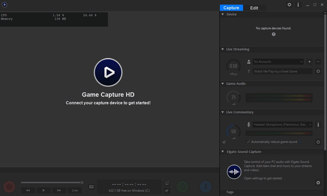The Game Capture software for Elgato HD60 S
