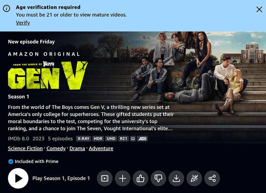 How many episodes are in Gen V season 1 on Prime Video?